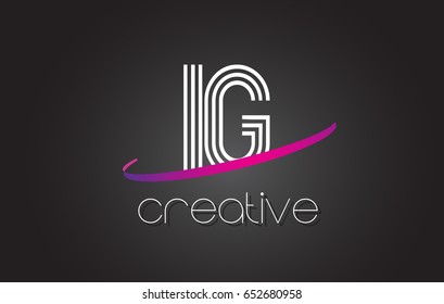 IG I Q Letter Logo with Lines Design And Purple Swoosh Vector Letters Illustration.