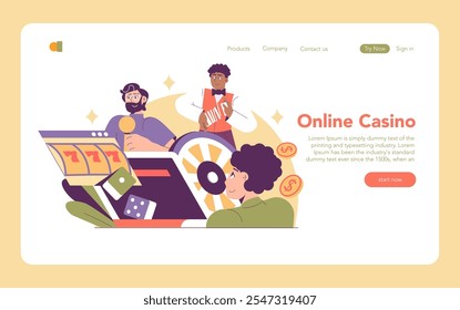 Igaming concept. Diverse characters engage in online casino activities, surrounded by elements of slot machines, cards, and dice. Vector illustration.