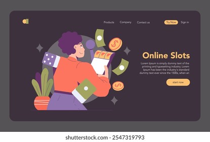 iGaming concept. Exciting online slots experience depicted on a digital device, amidst virtual coins and dice. Internet casino gaming scene. Vector illustration.