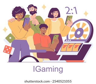 Igaming concept. Friends enjoy mobile gambling, surrounded by casino elements, showcasing the thrill of online betting. Group leisure activity with digital devices. Vector illustration.
