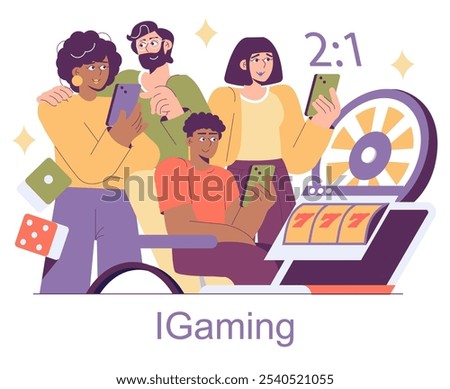 Igaming concept. Friends enjoy mobile gambling, surrounded by casino elements, showcasing the thrill of online betting. Group leisure activity with digital devices. Vector illustration.