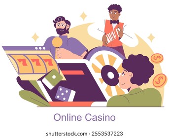 iGaming concept. Players engage with an online casino, finding excitement in roulette, slots, and the thrill of potential wins. Lively digital gaming atmosphere. Vector illustration.