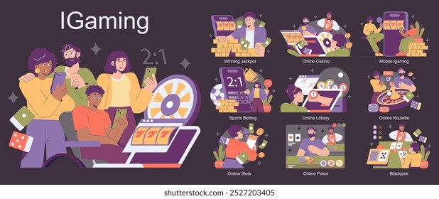 iGaming concept set. Capture the excitement of online gambling with depictions of casino games, sports betting, and slots. Engage with digital betting culture. Vector illustration.