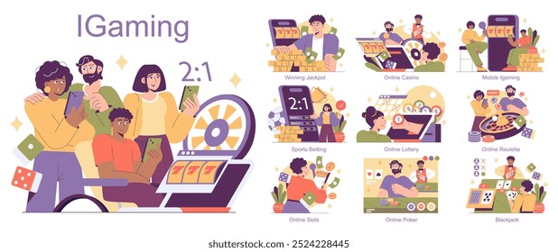 iGaming concept set. A vibrant display of online gambling activities, featuring diverse players engaging in different forms of digital betting games. Vector illustration.