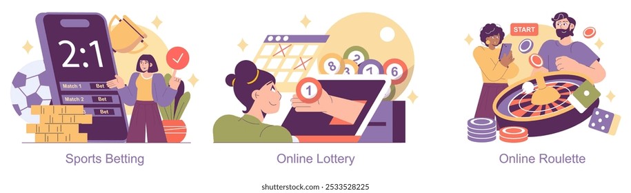 iGaming set. Engaging illustrations of sports betting, online lottery, and roulette games. Digital gambling excitement captured through characters and dynamic elements. Vector illustration.