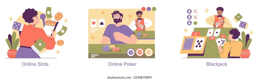 Igaming definido. Participar de caça-níqueis on-line, pôquer e blackjack em casa. Ilustração colorida de jogadores e jogos digitais. Ilustração vetorial.