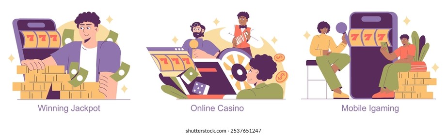 Igaming definido. Entusiasmo com jogos virtuais, apostas on-line e jackpots vencedores. Las Vegas ao seu alcance através de plataformas móveis e online. Ilustração vetorial.