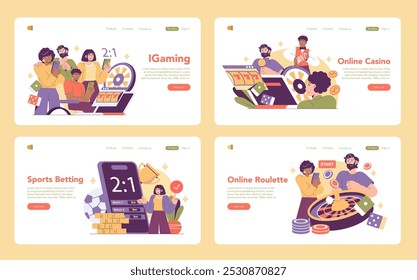 Igaming definido. Variedade de atividades de apostas online de jogos de cassino a apostas esportivas. Envolvendo experiências de jogo digital. Ilustração vetorial.