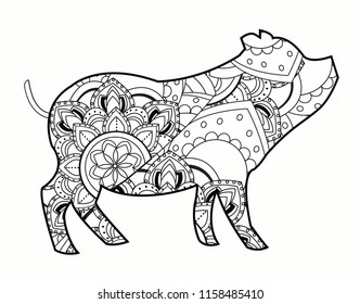 iggy. Christmas tree toy. Templates for laser cutting, wood carving, printing. Die cut paper card. Vector monochrome illustration of cute animal. Chinese Zodiac Sign Year of Pig. New Year 2019.