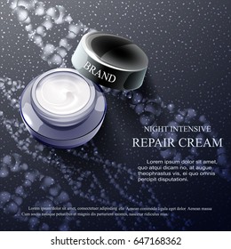 ight intensive repair cream contained in silver cosmetic jar with helical structure, 3d illustration