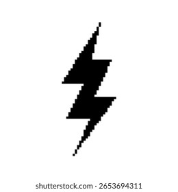 ightning Bolt templates in pixel art style. Black solid electricity symbol. Energy, power, labels. Isolated on white background.