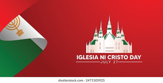 Iglesia ni Cristo Day 27 july waving flag ribbon with church vector poster