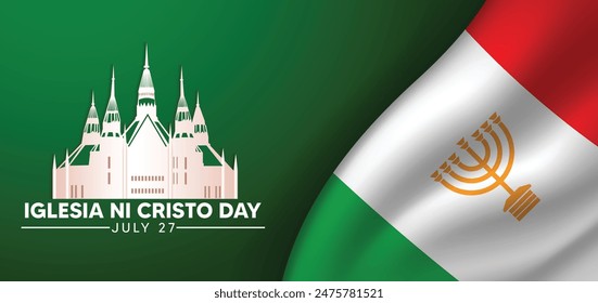 Iglesia ni Cristo Day 27 july waving flag ribbon with church vector poster