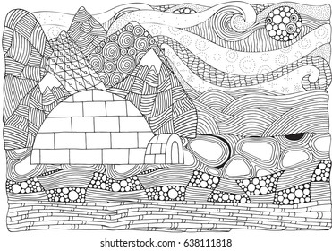 Igloo and artistically winter, christmas, Antarctica pattern. Vector. Polar lights. Coloring book page for adult. A4 size. Hand-drawn, ethnic,  doodle, zentangle, zen art. Pattern for coloring book.