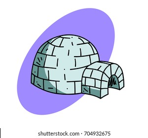 Igloo cartoon hand drawn image. Original colorful artwork, comic childish style drawing.