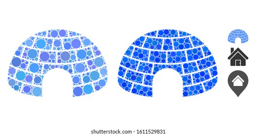 Igloo composition of circle elements in different sizes and color tints, based on igloo icon. Vector circle elements are grouped into blue mosaic. Dotted igloo icon in usual and blue versions.