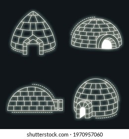 Igloo eskimo icon set. Outline set of igloo eskimo vector icons neon color on black