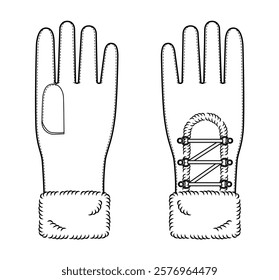 Igloo Fur Gloves Wrist length Fashion hand accessory clothing technical illustration garment. Vector front palm back view for Men, women, unisex style flat template CAD mockup sketch outline on white