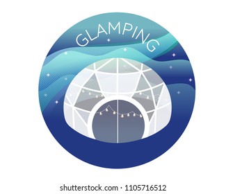 Igloo Glamping Camping Experience at North Pole during Starry and Snowy Night. Vector Illustration.