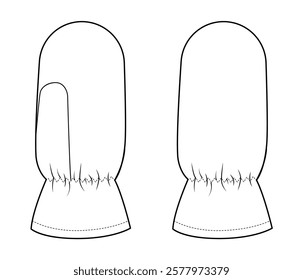 Igloo Gloves One-Fingered Pile Mitten Fashion hand accessory clothing technical illustration garment. Vector front palm back view for Men, women, unisex style flat template CAD mockup sketch outline