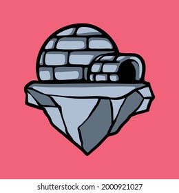 Igloo house on a broken ice. Cold structure, house and shelter. Vector illustration isolated on red background