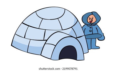 igloo house with smiling eskimo man vector illustration isolated on white background