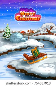 Igloo house in winter snowfall landscape on Merry Christmas and Happy New Yeargreeting backgrund. Vector illustration