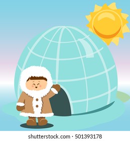 Igloo Ice Hhouse Eskimo On Isolated And  boy vector illustration.