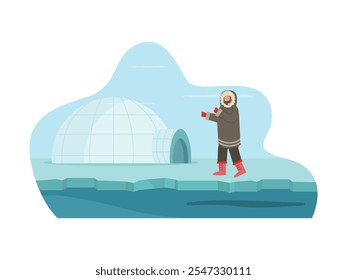 Igloo ice house, life there and surviving the cold. Character design. Vector flat illustration