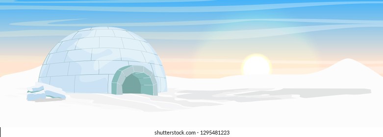 Igloo. Icehouse. Ice dwelling of the Eskimos. Snow covered plain. Arctic and Antarctic. Realistic vector landscape.