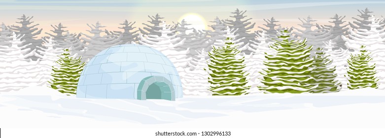 Igloo. Icehouse. Ice dwelling of the Eskimos. Snow covered plain. Spruce forest. Arctic and Antarctic. Realistic vector landscape.