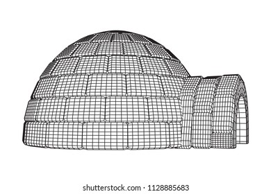 Igloo icehouse. Snowhouse or snowhut. Eskimo shelter built of ice. Wireframe low poly mesh vector illustration