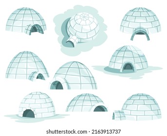 Igloo Icon Set. Cartoon Vector Icehouse In Different Variations. Winter Construction From Ice Blocks. Eskimo Peoples House Isolated On White Background