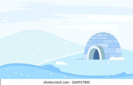 Igloo made from ice bricks by people. Housing for indigenous north families. Snow house or hut single located on ground. Beautiful landscape of circumpolar places. Vector illustration in flat style