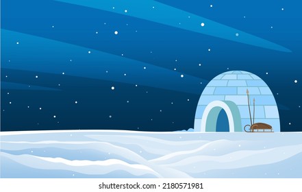 Igloo made from ice bricks in snowy winter landscape. Housing for indigenous north families. Snow house or hut single located on ground. Beautiful view of circumpolar place in Arctic, north pole