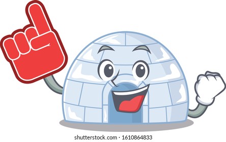 Igloo mascot cartoon style holding a Foam finger