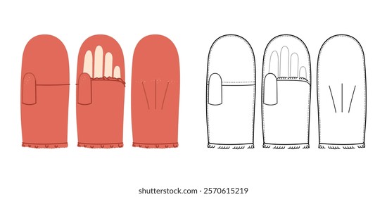 Igloo Mitten Gloves Wrist length orange red cartoon and flat mockup sketch Fashion hand accessory clothing technical illustration garment. Vector front palm back view for Men, women style CAD on white