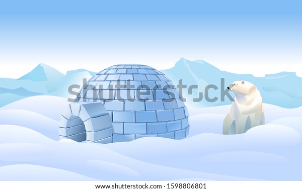 Igloo in the\
north. Housing in the north. Bear near the igloo. Northern arctic\
landscape. Life in the north in the ice. The polar bear lives in\
the cold. Vector\
illustration