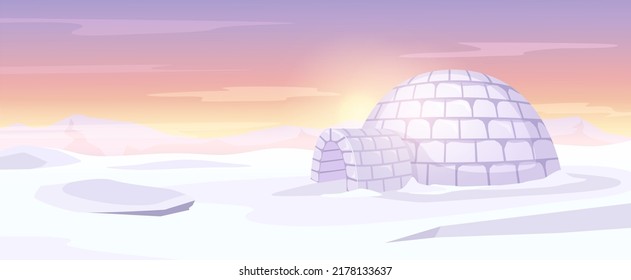 Igloo on Arctic landscape. Ice house, Anarctica snowy background and snow hut vector illustration. Frozen home building standing on snow scene. Icy construction exterior with sunset sky