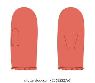 Igloo One-Fingered Mitten Gloves Wrist length orange red cartoon Fashion hand accessory clothing technical illustration garment. Vector front palm back view for Men, women unisex style flat CAD mockup