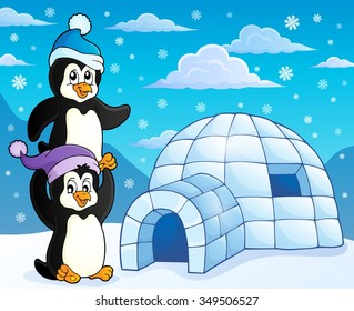 Iglú con el tema 3 de los pingüinos - ilustración vectorial eps10.