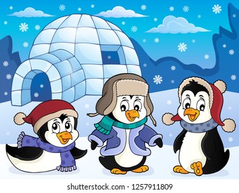 Igloo with penguins theme 4 - eps10 vector illustration.