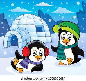 Igloo with penguins theme 5 - eps10 vector illustration.