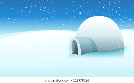 Igloo And Polar Icy Background/ Illustration of a cartoon igloo house inside white icy north pole winter landscape