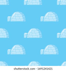 Igloo seamless pattern on blue background. Icy cold house wallpaper. Winter construction from ice blocks backdrop. Eskimo peoples house. Vector illustration