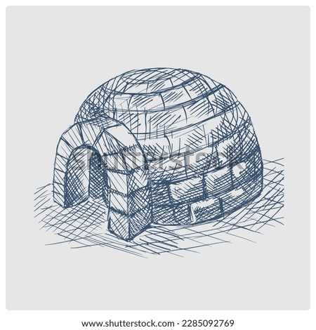 Igloo snow house sketch obsolete blue style vector illustration. Old hand drawn azure engraving imitation.