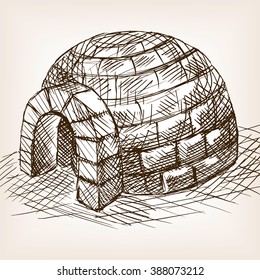 Igloo snow house sketch style vector illustration. Old engraving imitation. Igloo hand drawn sketch imitation