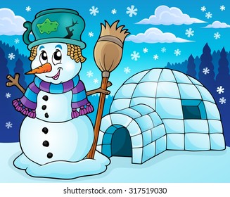 Igloo with snowman theme 2 - eps10 vector illustration.