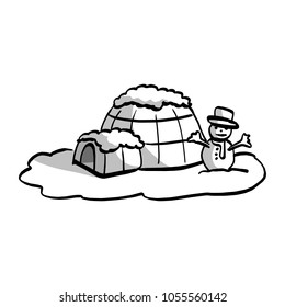 igloo with snowman vector illustration sketch hand drawn with black lines isolated on white background