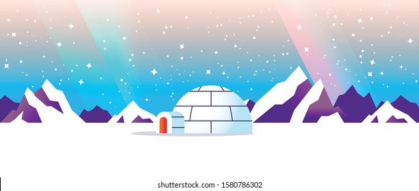 Igloo vector illustration under northern lights, aurora, stars, mountain